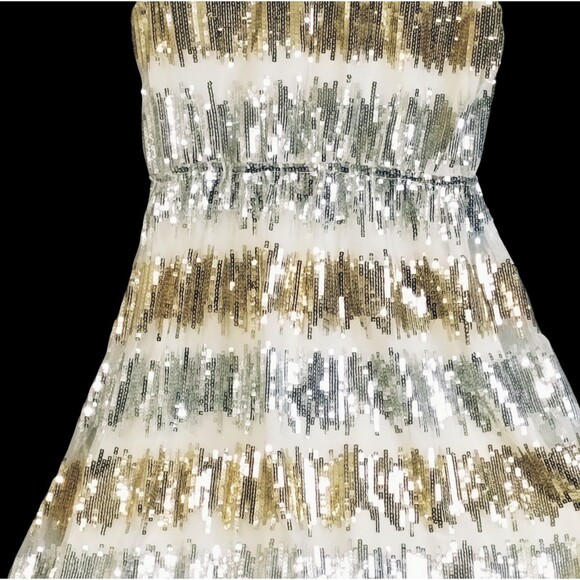 Silver Gold Sequin Festival Dress Size M Tulle Elastic Waist Cap Sleeve Whimsy - Picture 3 of 11